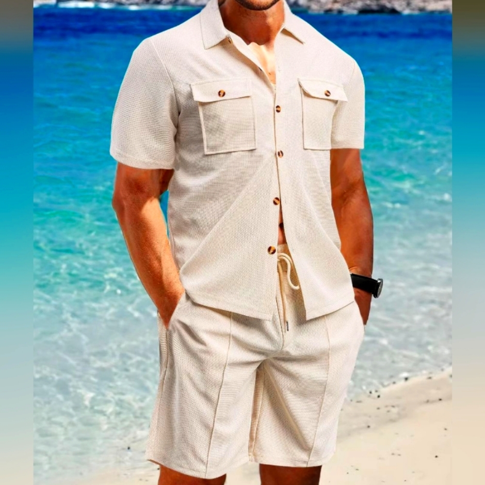 Men's Beige Button Down Shirt and Shorts Set